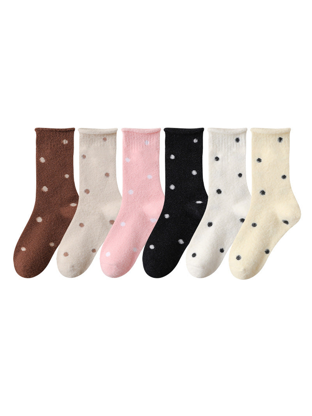 Six colors of fuzzy polka-dot crew socks on a white background