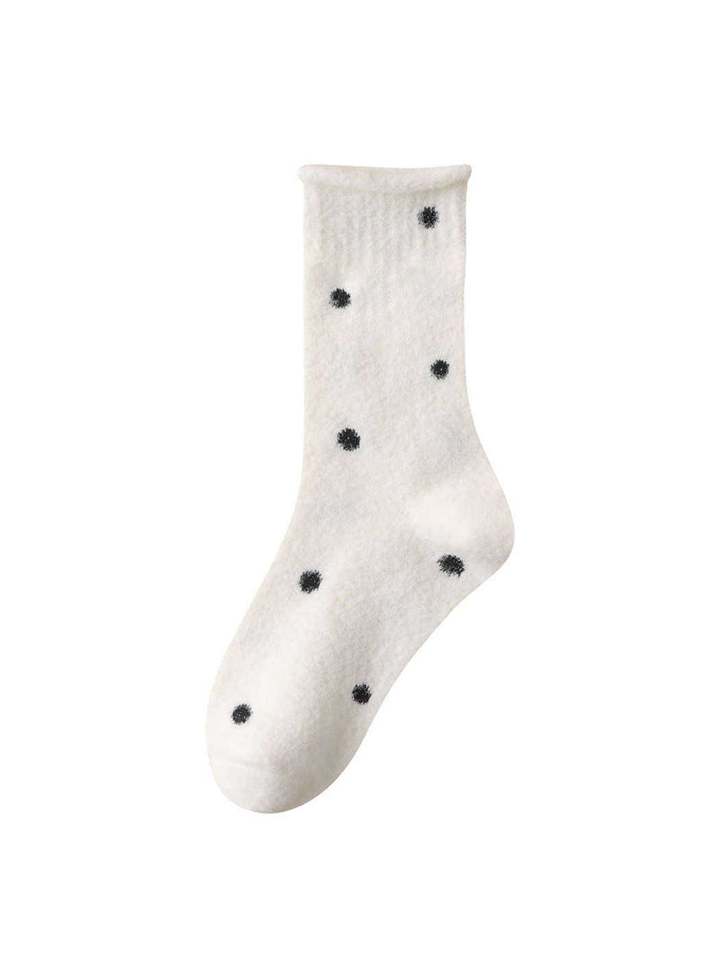 White fuzzy polka-dot crew sock with rolled cuff