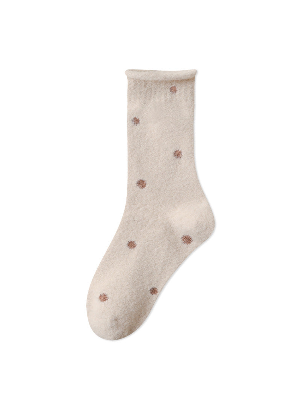 Beige fuzzy polka-dot crew sock with rolled cuff