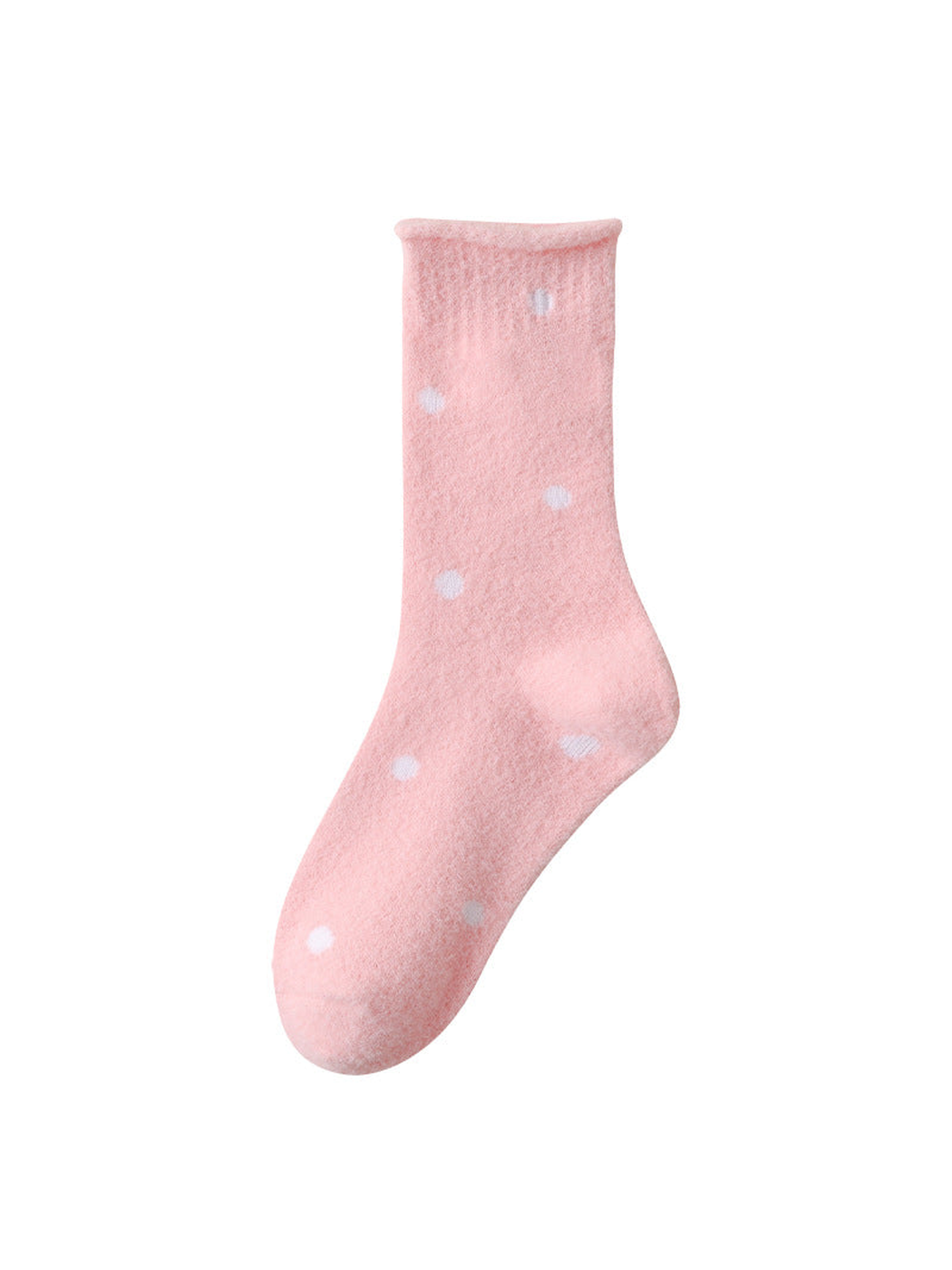 Light pink fuzzy polka-dot crew sock with rolled cuff