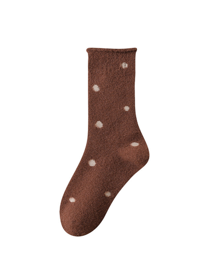 Brown fuzzy polka-dot crew sock with rolled cuff