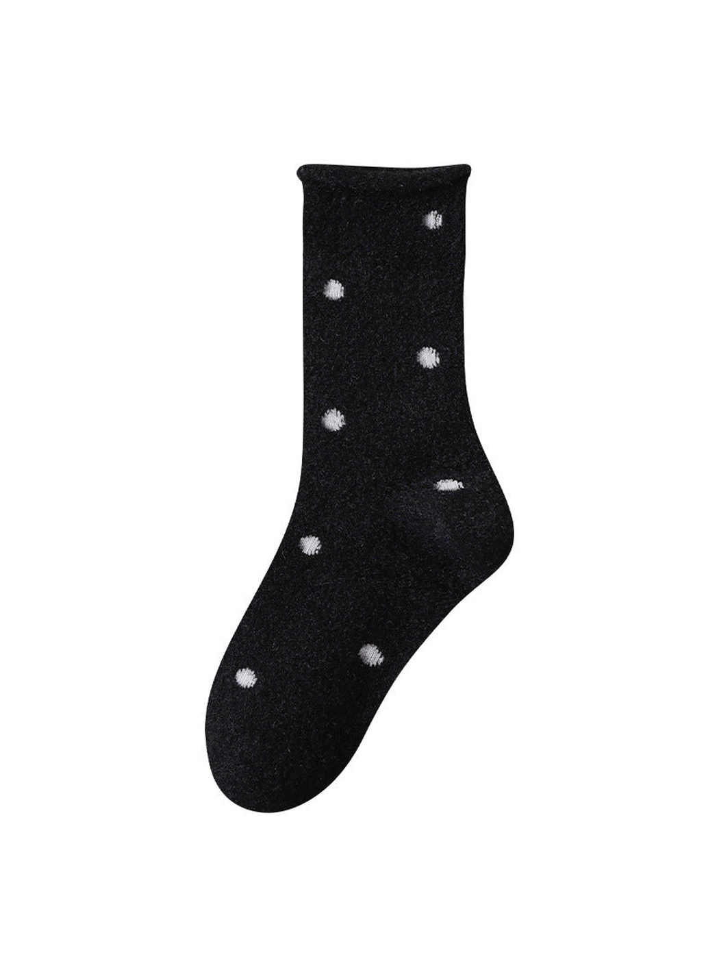 Black fuzzy polka-dot crew sock with rolled cuff