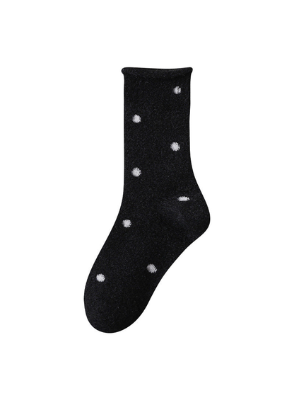 Black fuzzy polka-dot crew sock with rolled cuff
