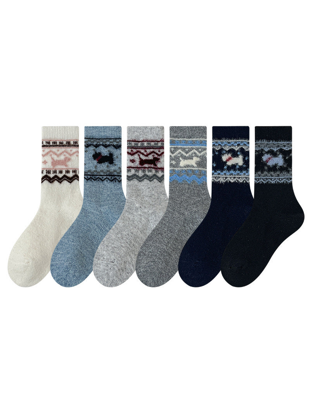 Six patterned crew sock color variants displayed together