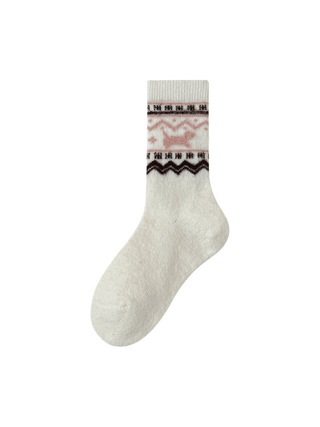 Ivory crew sock with pink dog motif and geometric bands