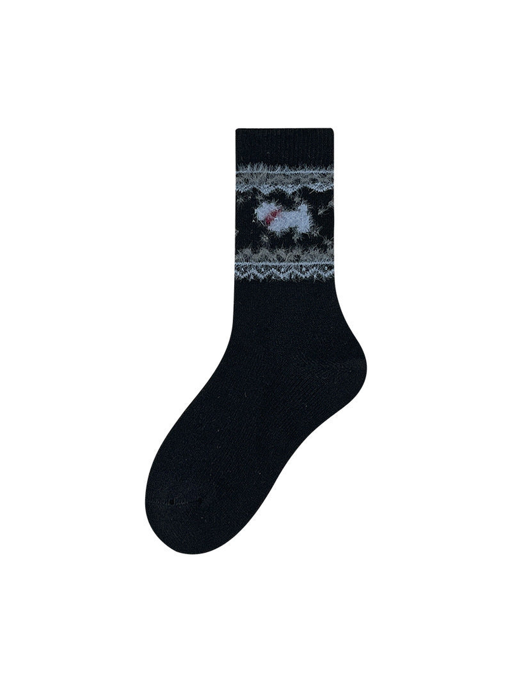 Black crew sock with contrasting dog motif and geometric bands
