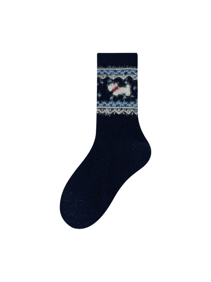 Navy crew sock with light dog motif and geometric bands