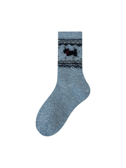 Light blue crew sock with dark dog motif and geometric bands