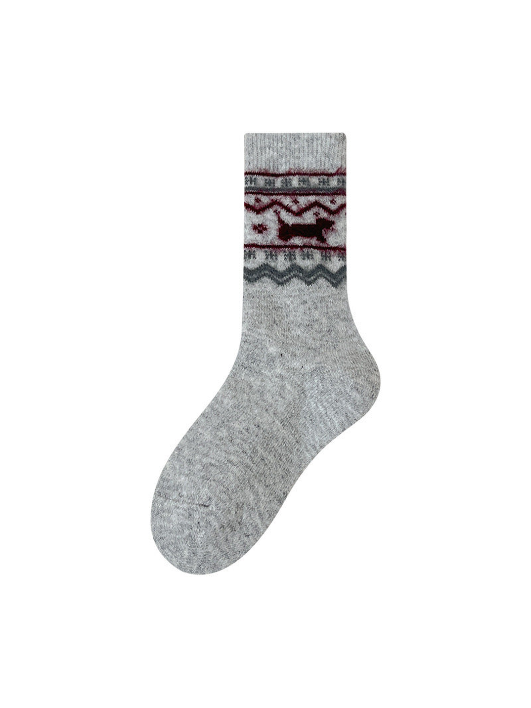Light gray crew sock with burgundy dog motif and geometric bands