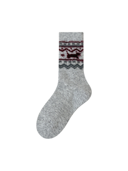 Light gray crew sock with burgundy dog motif and geometric bands