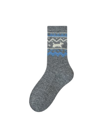 Dark gray crew sock with white dog motif and blue geometric bands