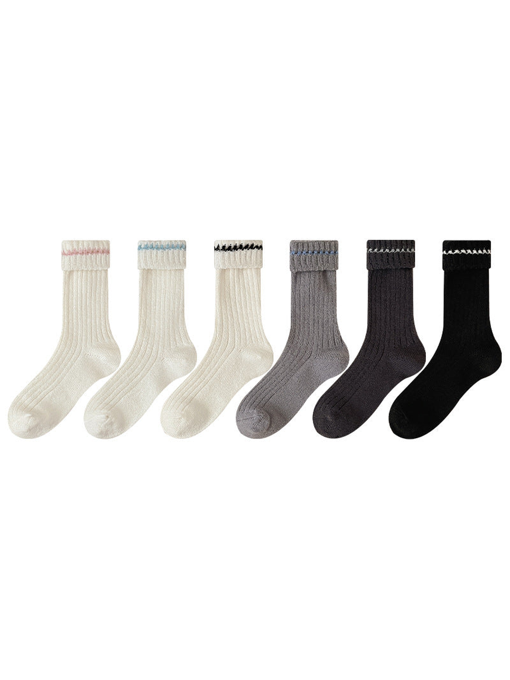 Six ribbed crew sock styles with folded contrasting cuffs