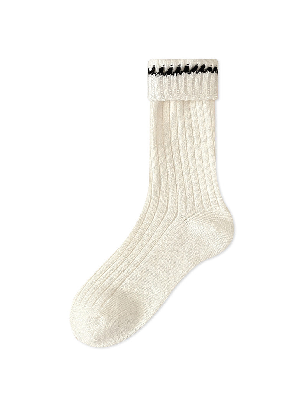 Ivory ribbed crew sock with black cuff trim