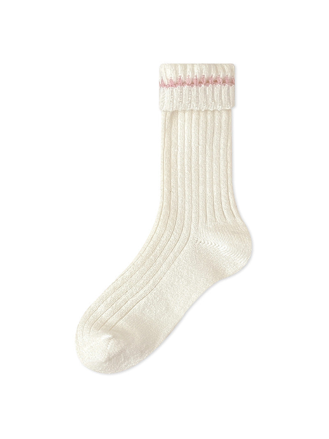 Ivory ribbed crew sock with pink cuff trim