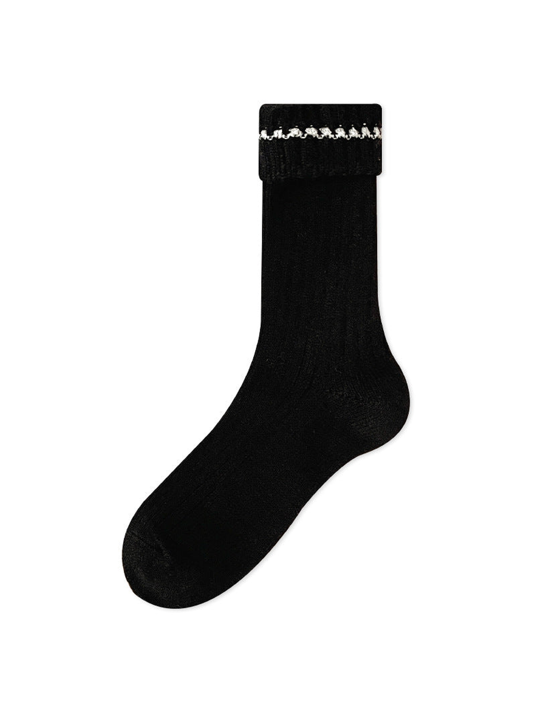 Black ribbed crew sock with white cuff trim