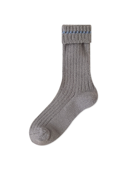 Light gray ribbed crew sock with blue cuff trim