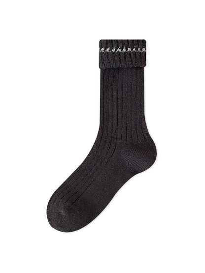Dark gray ribbed crew sock with white cuff trim
