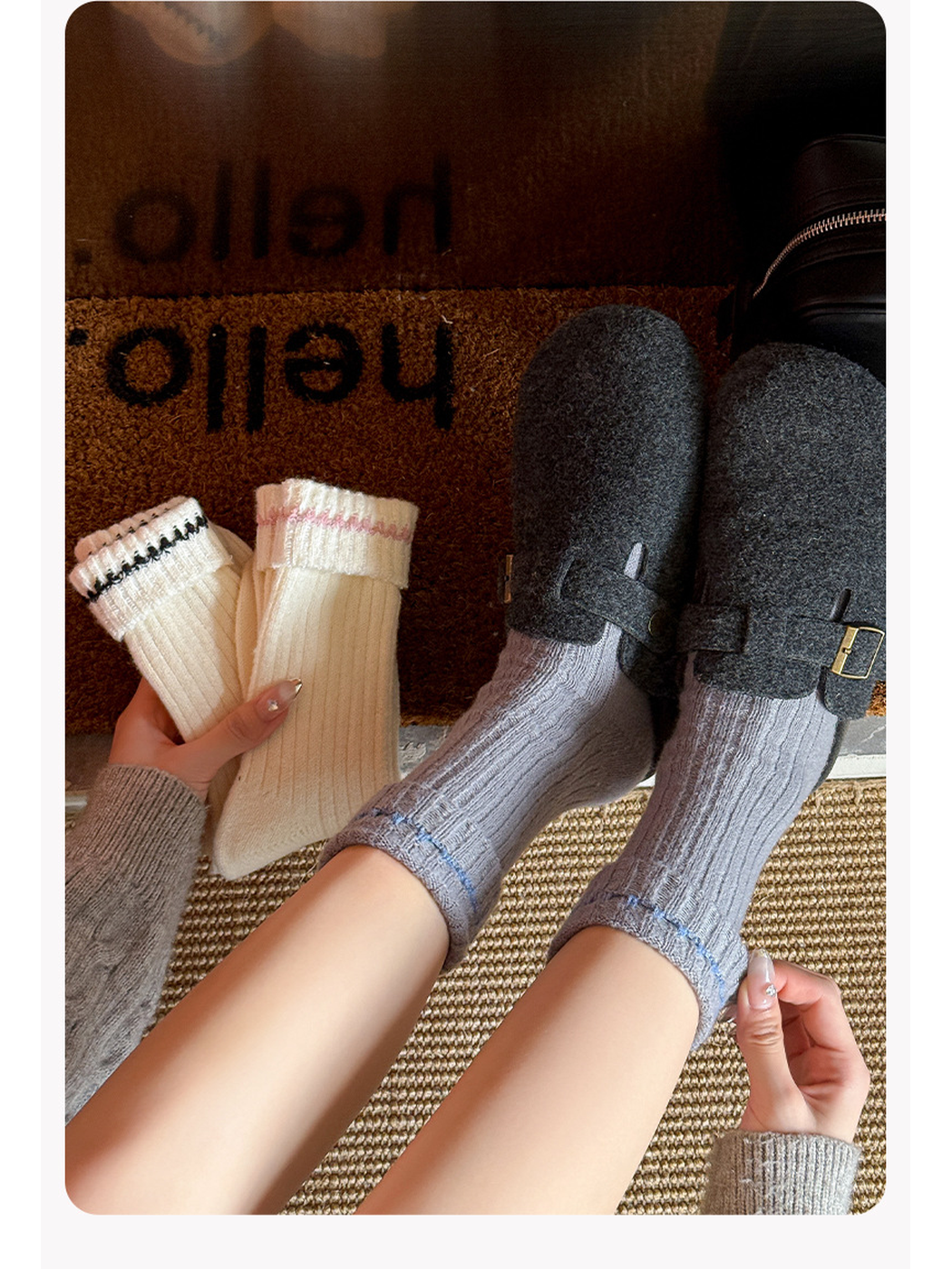 Light gray ribbed socks worn with clogs beside ivory sock styles