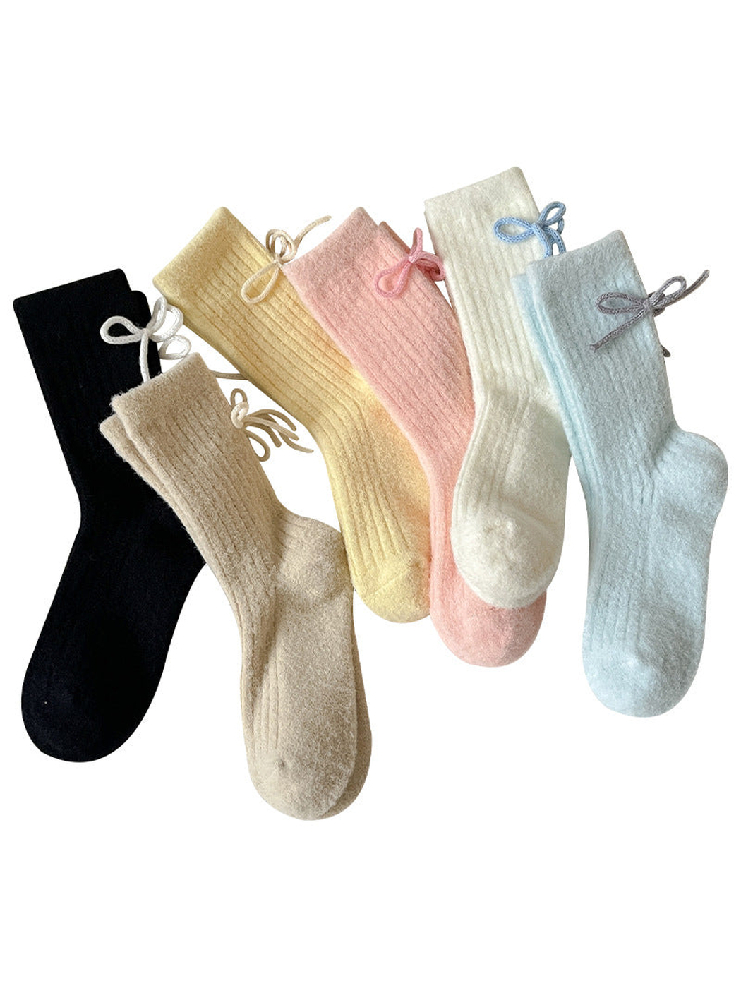 Six colors of ribbed bow-accent crew socks displayed together