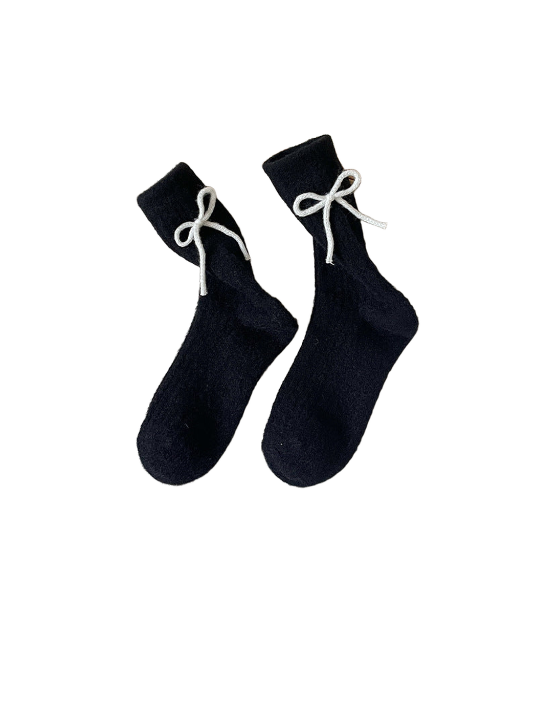 Black ribbed bow-accent crew socks displayed as a pair