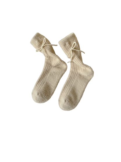 Khaki ribbed bow-accent crew socks displayed as a pair