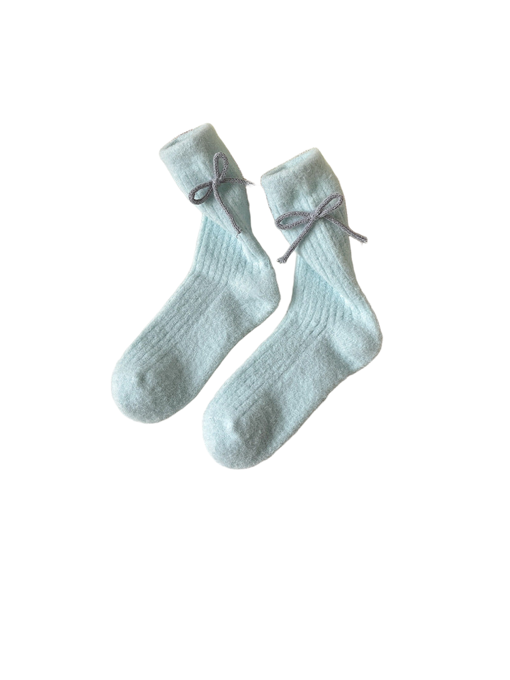 Sky blue ribbed bow-accent crew socks displayed as a pair
