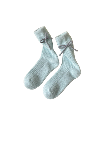 Sky blue ribbed bow-accent crew socks displayed as a pair