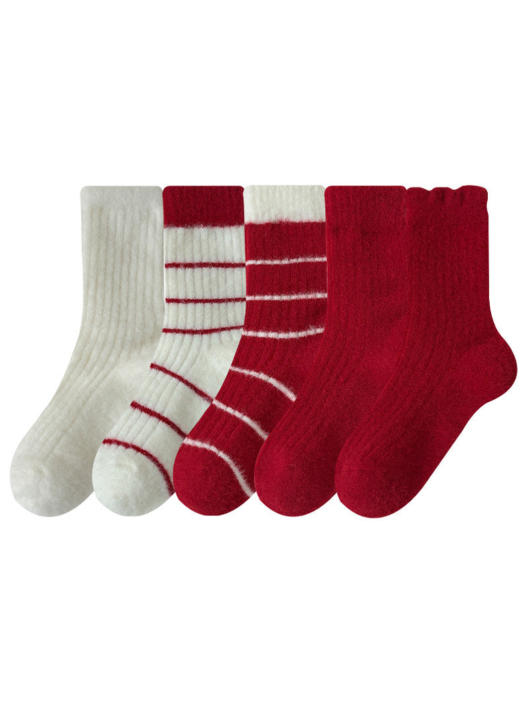 Five red and ivory crew sock styles displayed together
