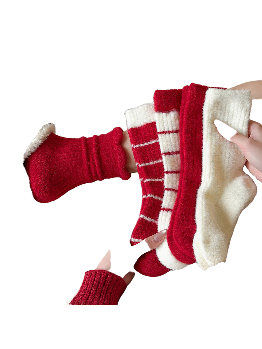 Red and ivory crew sock styles arranged in a cozy indoor setting