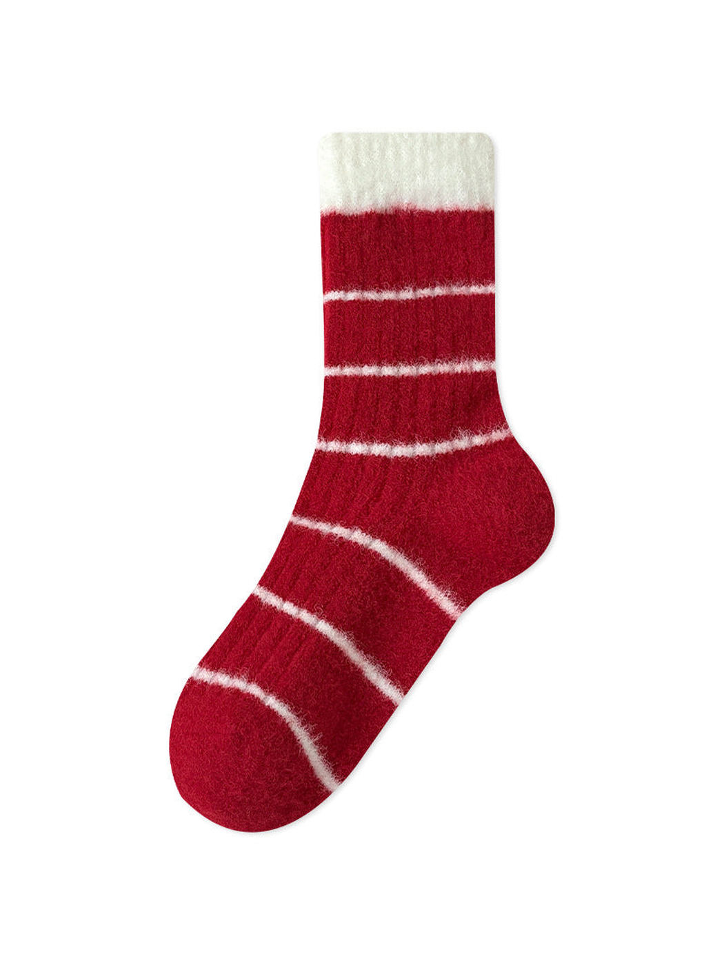 Red crew sock with ivory cuff and narrow ivory stripes