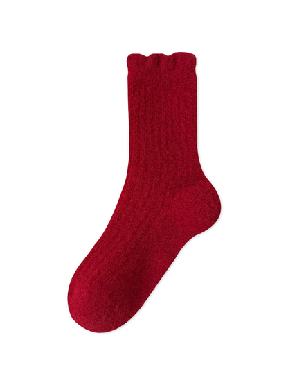 Solid red crew sock with a ruffled cuff edge