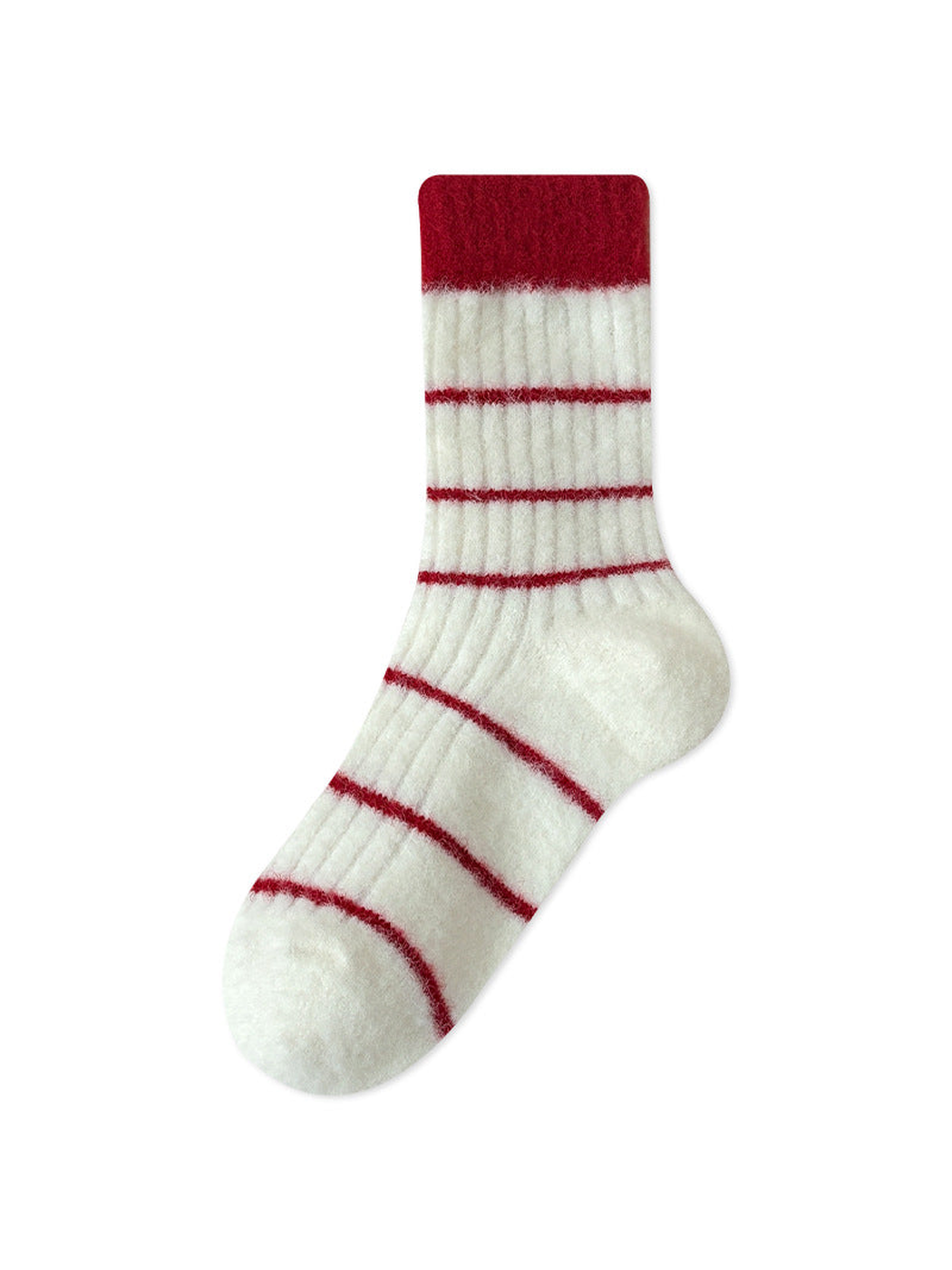 Ivory crew sock with red cuff and narrow red stripes
