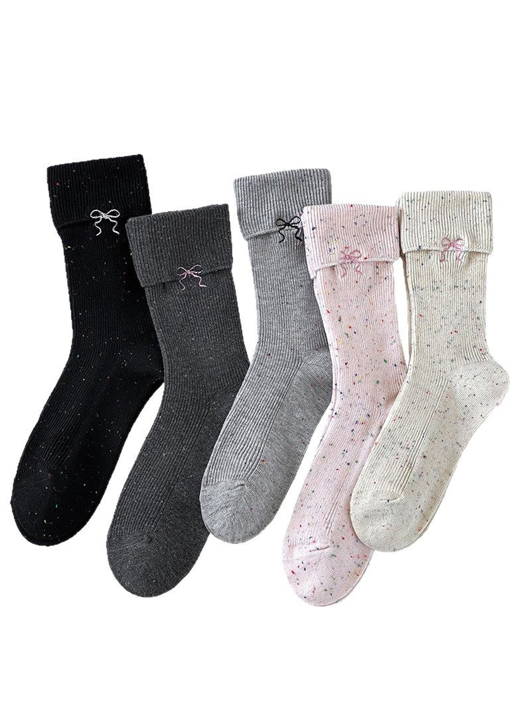 Five speckled ribbed crew sock colors with embroidered bows