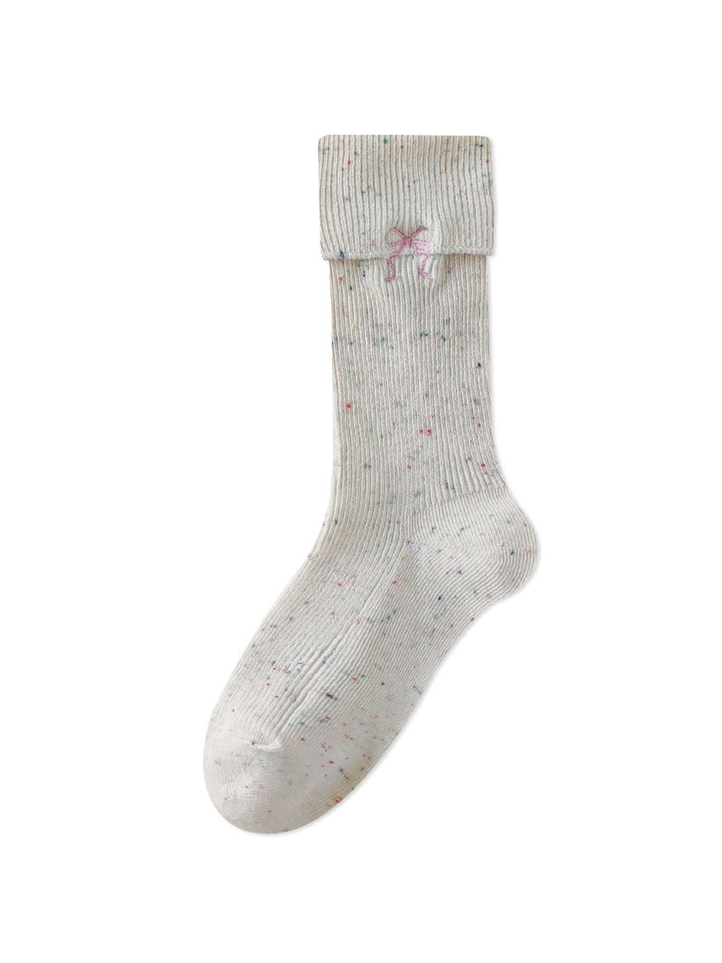 Ivory speckled ribbed crew sock with pink embroidered bow