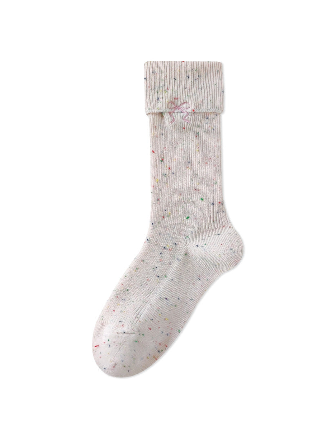 Light pink speckled ribbed crew sock with embroidered bow