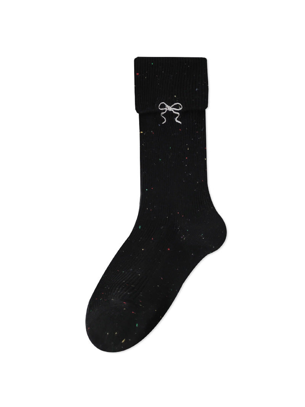 Black speckled ribbed crew sock with white embroidered bow