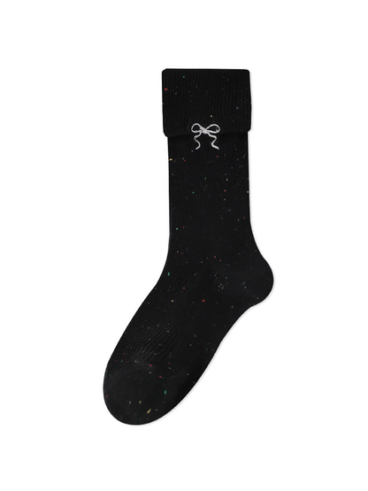 Black speckled ribbed crew sock with white embroidered bow