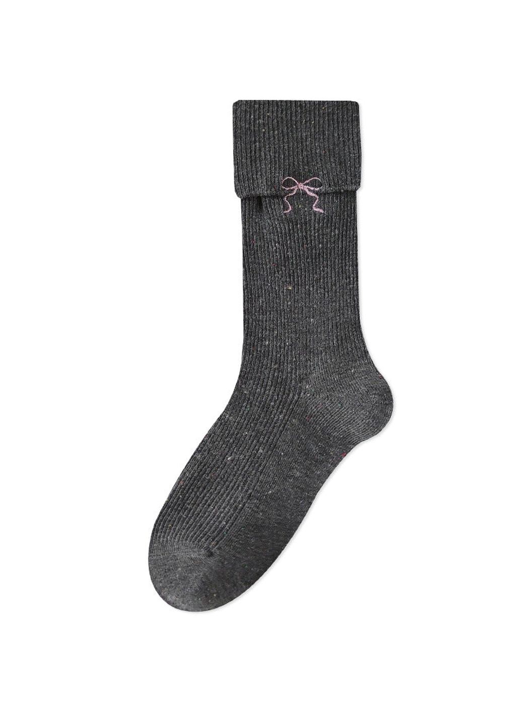 Dark gray speckled ribbed crew sock with pink embroidered bow