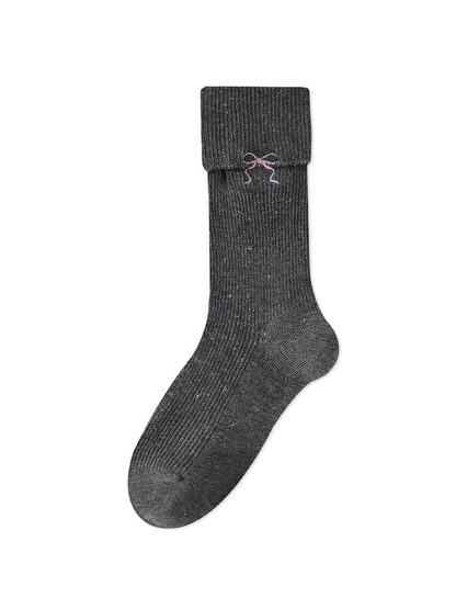 Dark gray speckled ribbed crew sock with pink embroidered bow