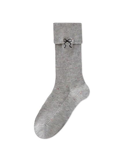 Light gray speckled ribbed crew sock with black embroidered bow