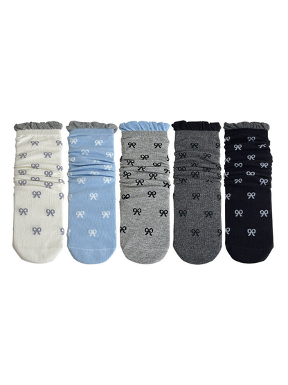 Five color variants of bow-pattern crew socks with contrasting ruffled cuffs