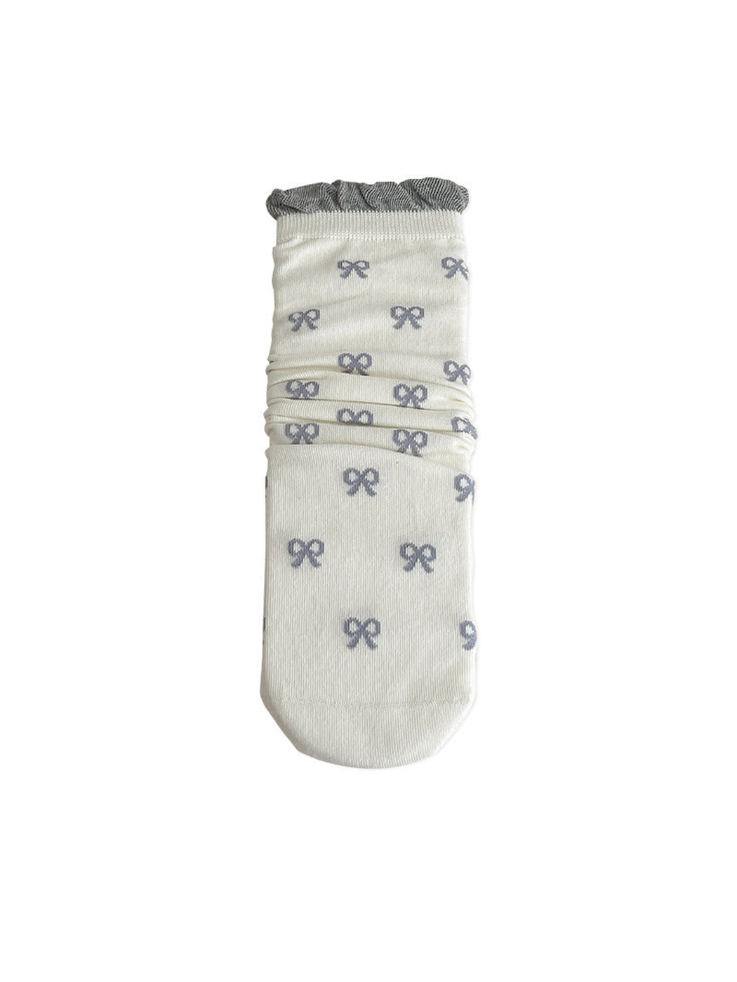 Ivory bow-pattern crew sock with a gray ruffled cuff
