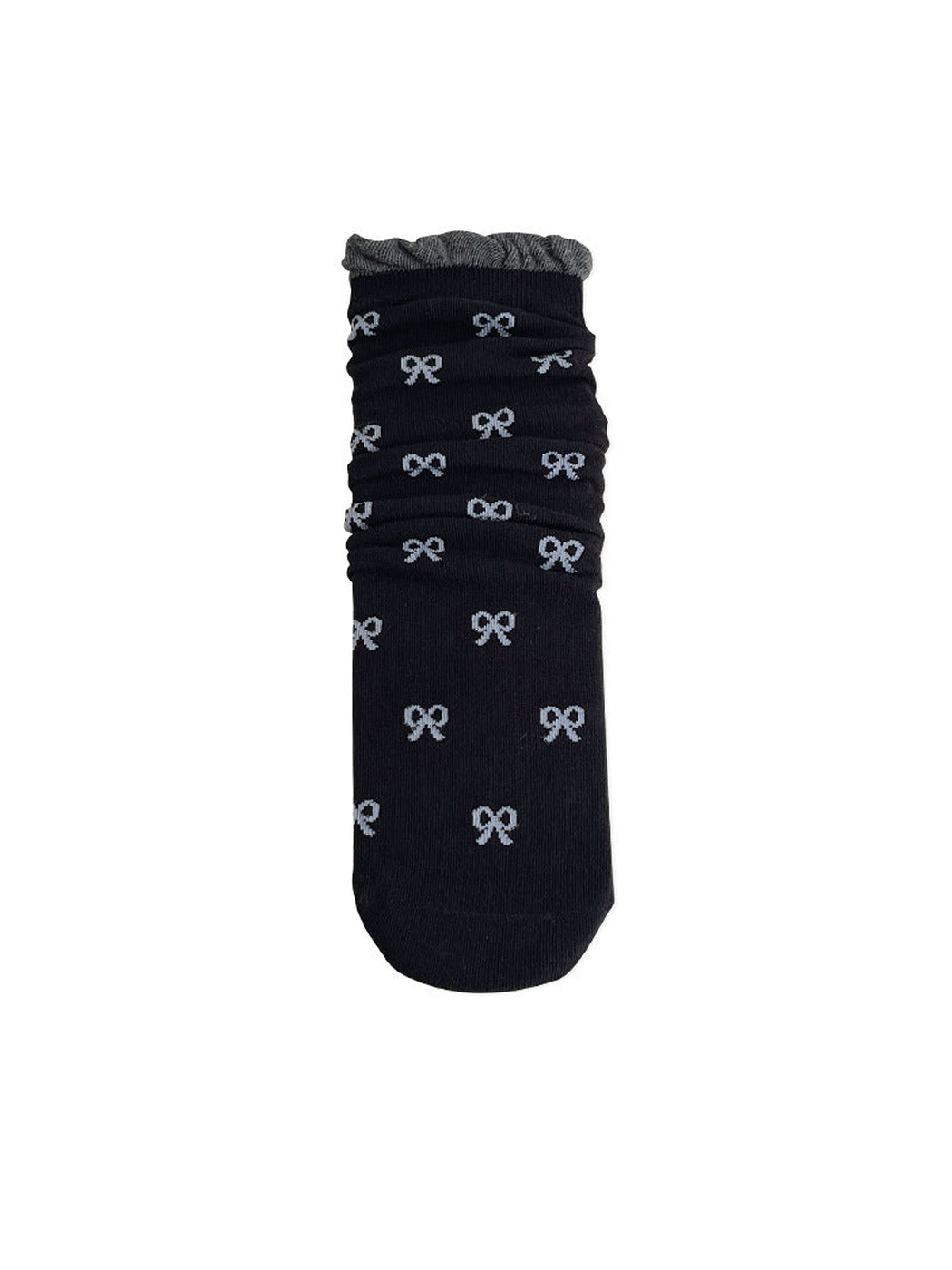 Black bow-pattern crew sock with a gray ruffled cuff