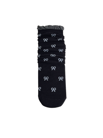 Black bow-pattern crew sock with a gray ruffled cuff