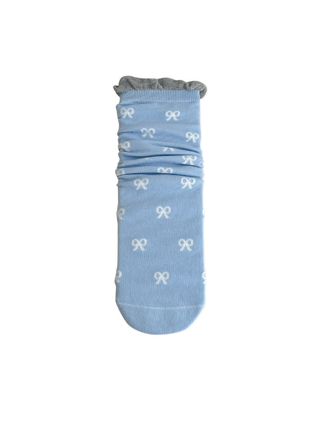 Light blue bow-pattern crew sock with a gray ruffled cuff