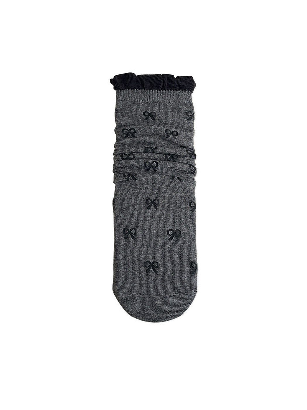 Dark gray bow-pattern crew sock with a black ruffled cuff