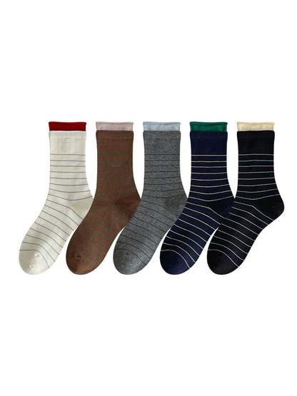 Five striped crew sock colors displayed together on a white background