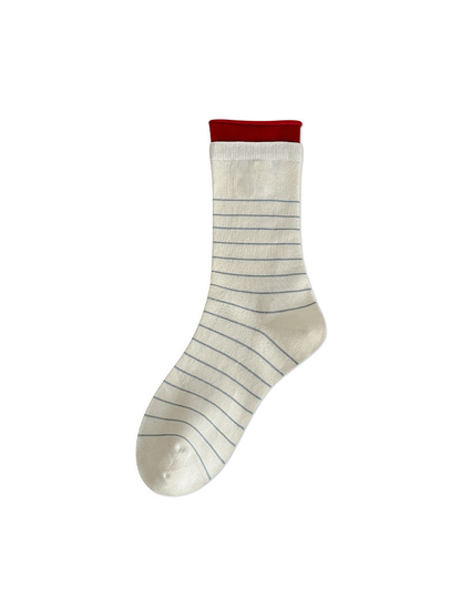 Ivory crew sock with pale blue stripes and a red rolled cuff