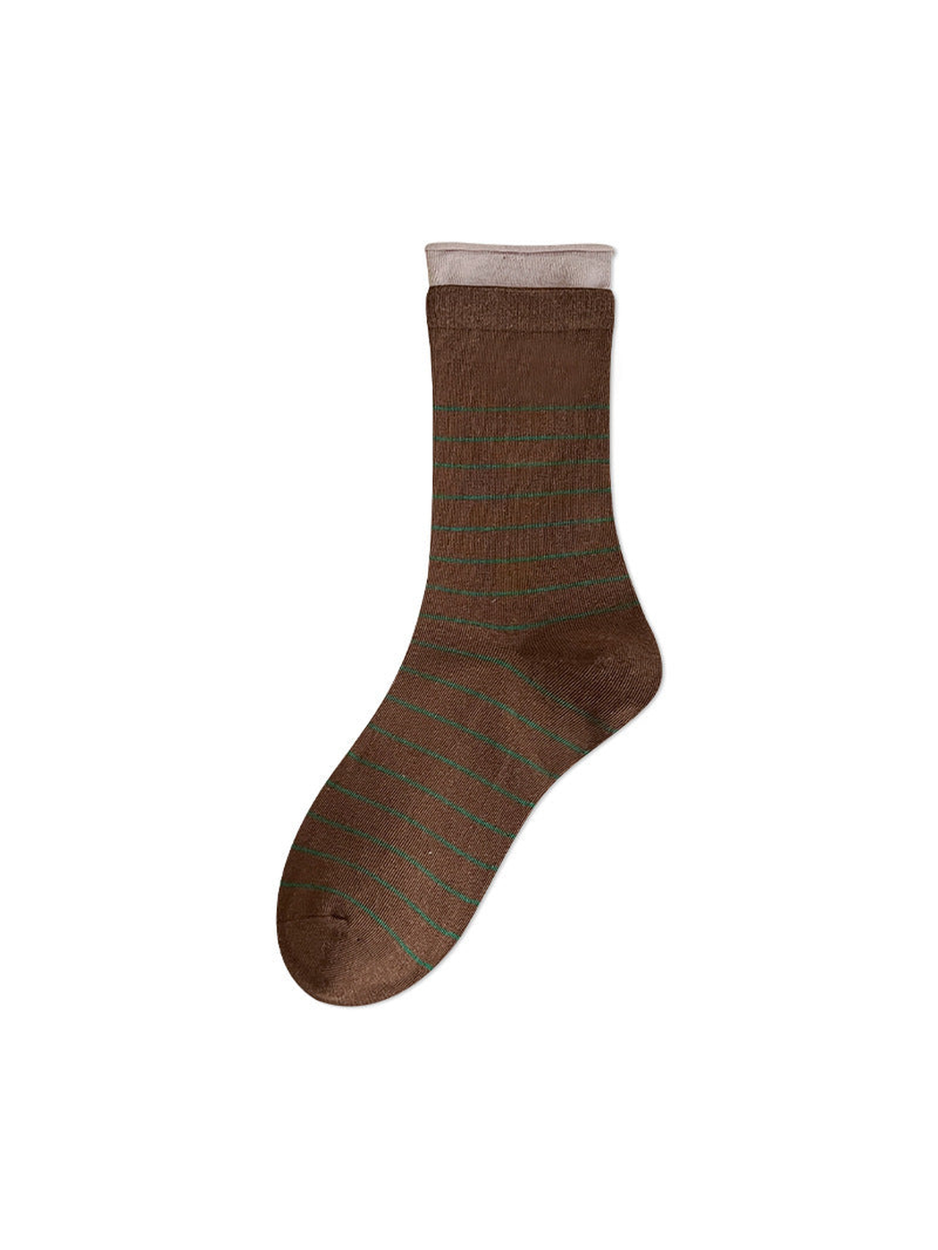 Brown crew sock with green stripes and a pale pink rolled cuff