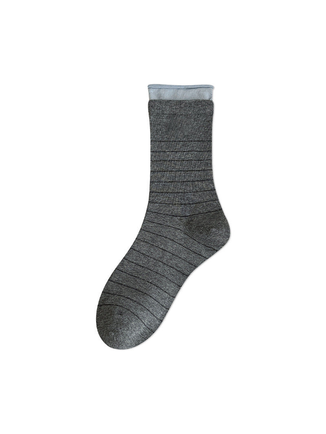 Gray crew sock with fine dark stripes and a pale blue rolled cuff